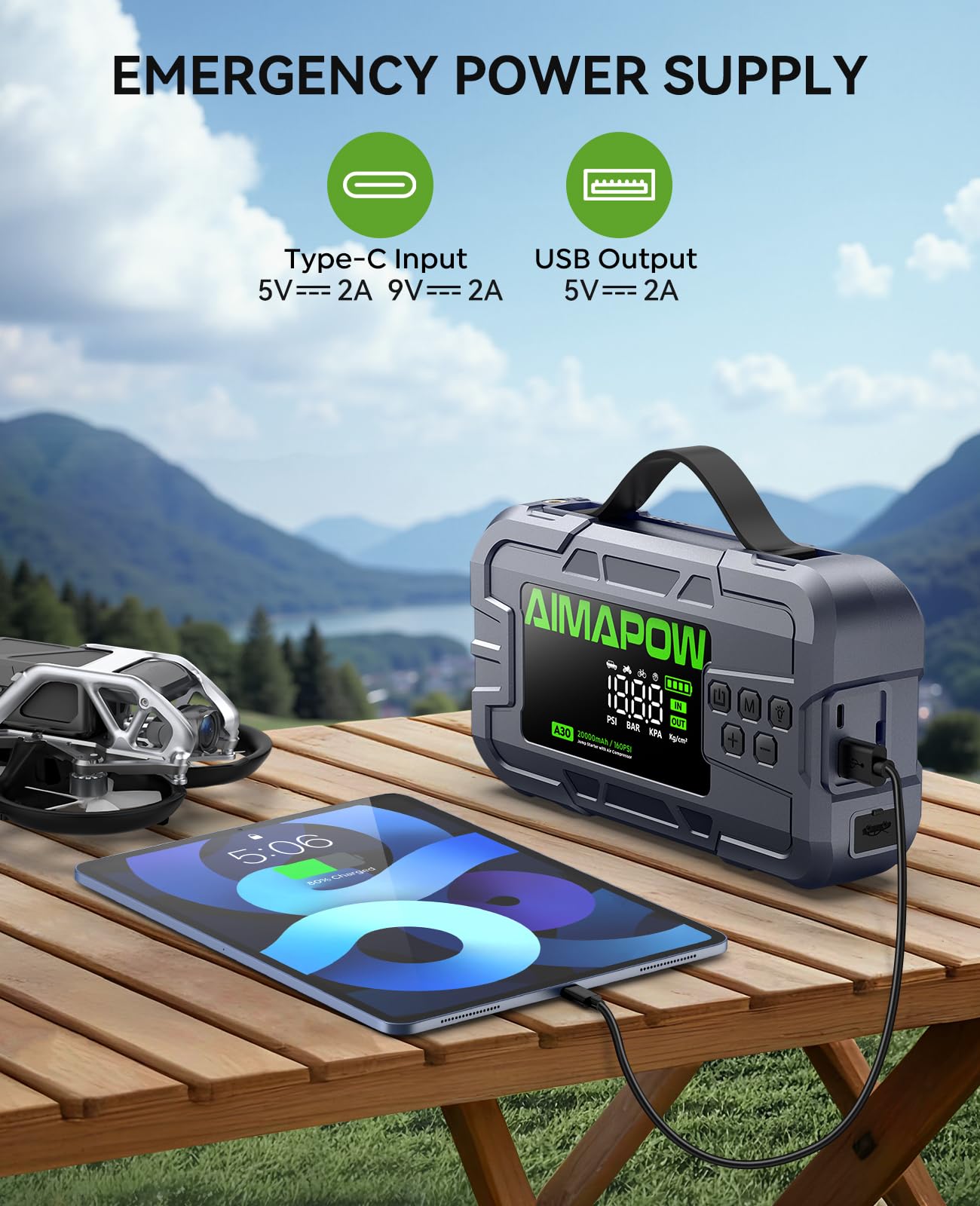 Arrancador de Batería Portátil con Compresor 8000A / 160PSI