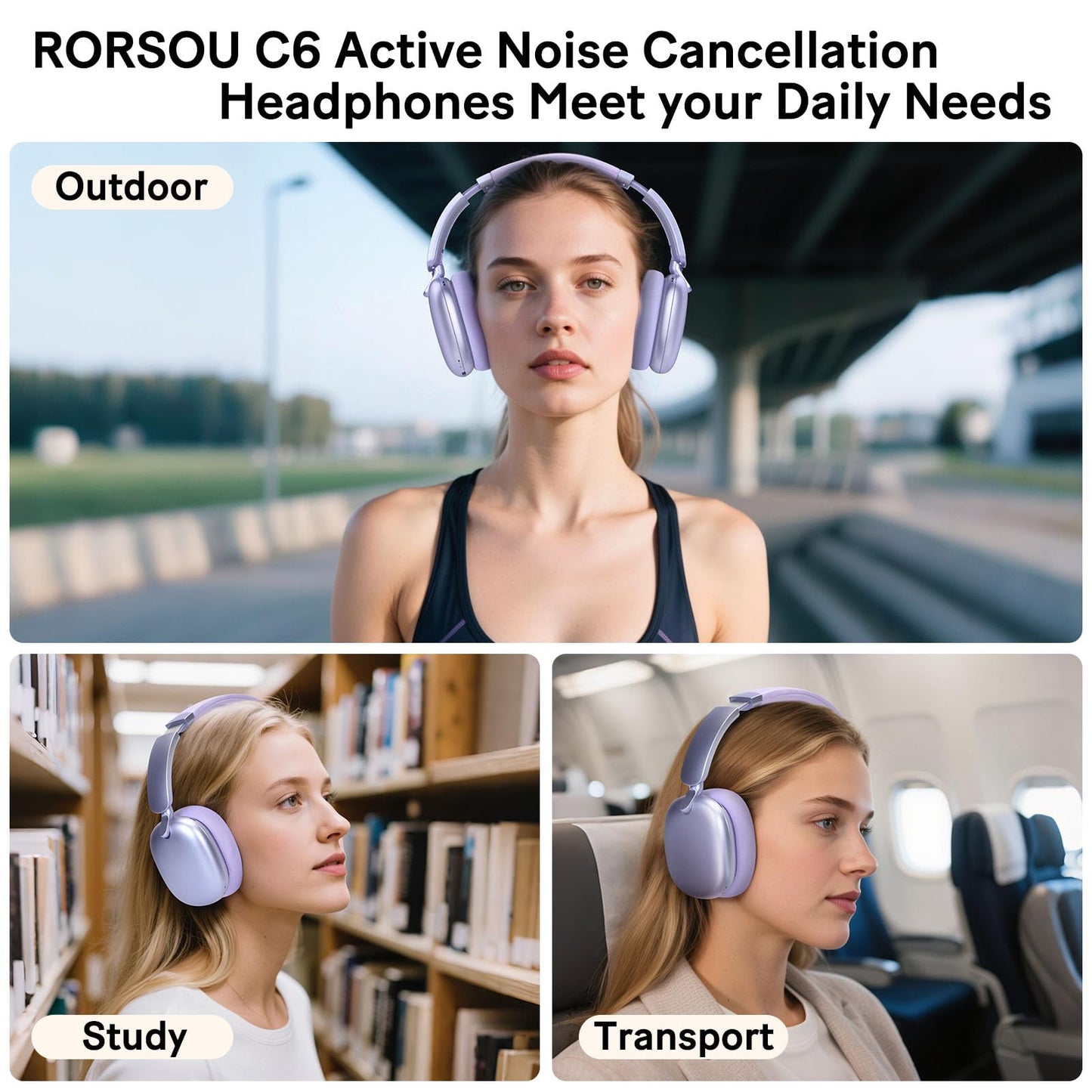 RORSOU C6 Active Noise Cancelling Headphones, Wireless Over Ear Bluetooth Headphones, 60H Playtime, Lightweight Folding Deep Bass Comfort Fit Ear Cups Headset with Mic for iPad/Travel/PC/Home Purple