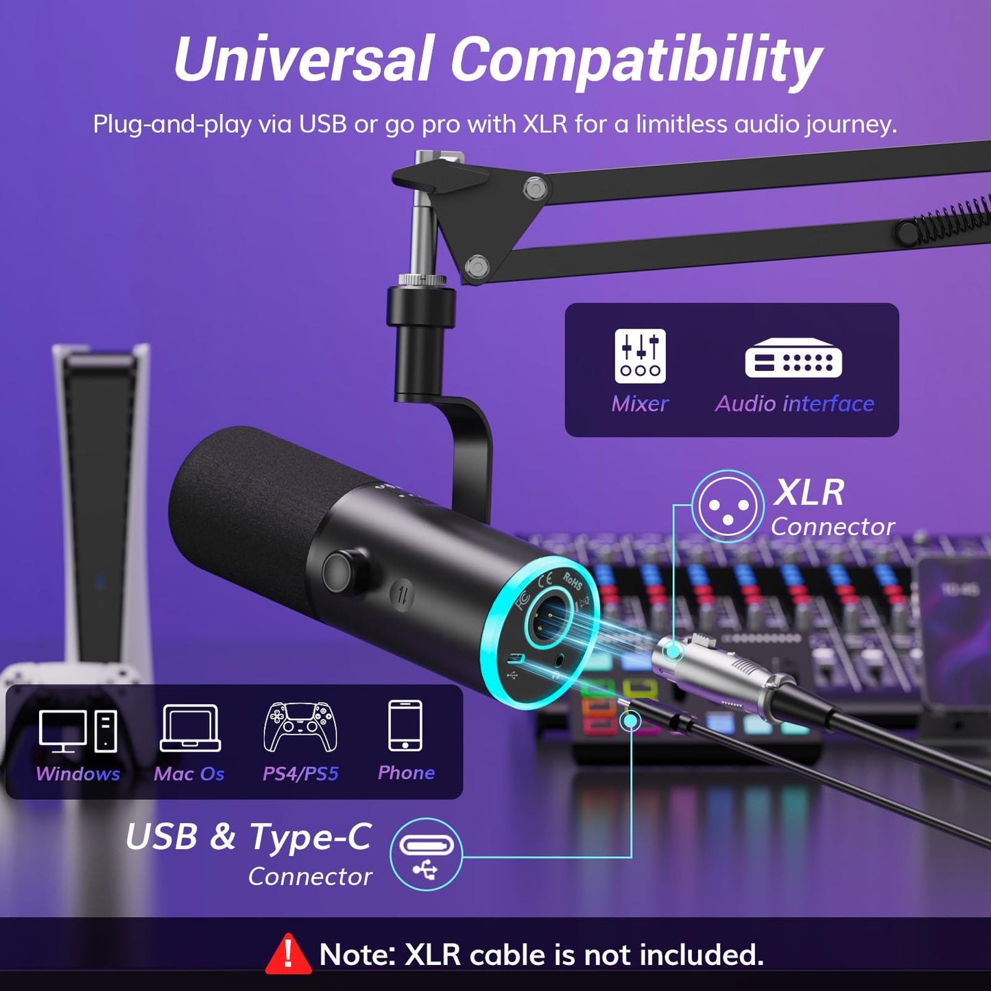 TONOR Dynamic Gaming Microphone, XLR/USB Mic Streaming, AI Noise Cancellation, Controlable RGB, Tap Mute, 3.5mm Headphone Jack, Volume Control, Microfono with Boom Arm, Black, TD510 AIR S H+