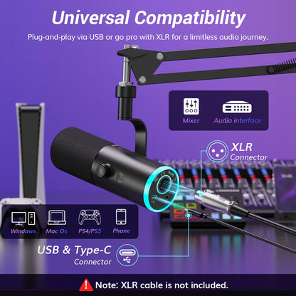 TONOR Dynamic Gaming Microphone, XLR/USB Mic Streaming, AI Noise Cancellation, Controlable RGB, Tap Mute, 3.5mm Headphone Jack, Volume Control, Microfono with Boom Arm, Black, TD510 AIR S H+