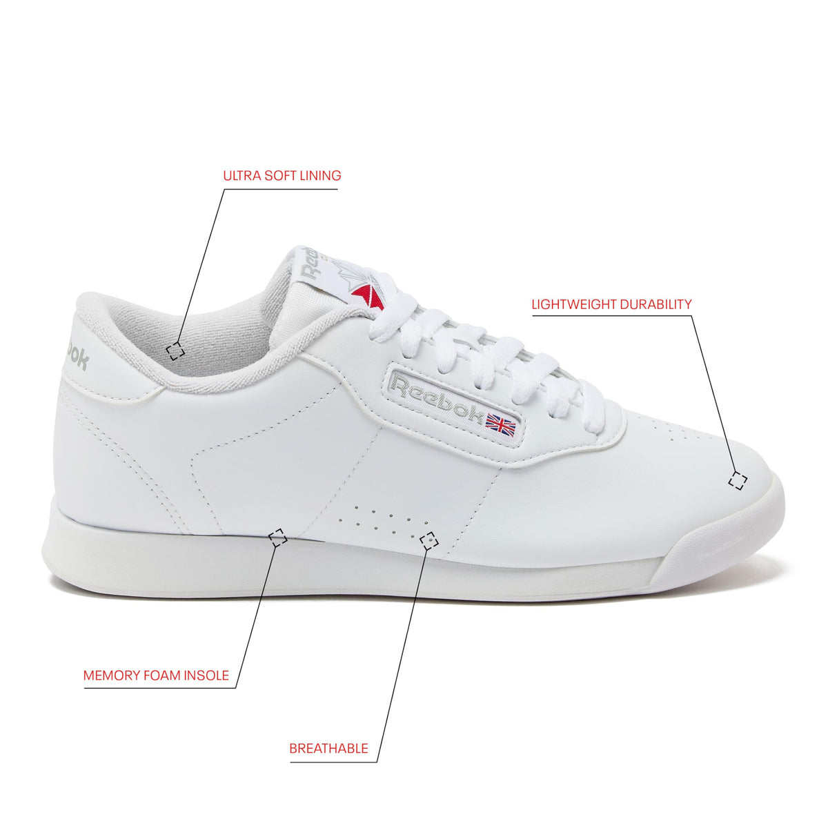 Reebok Princess Sneakers for Women, Comfortable Walking or Tennis Womens Shoes, Us-White