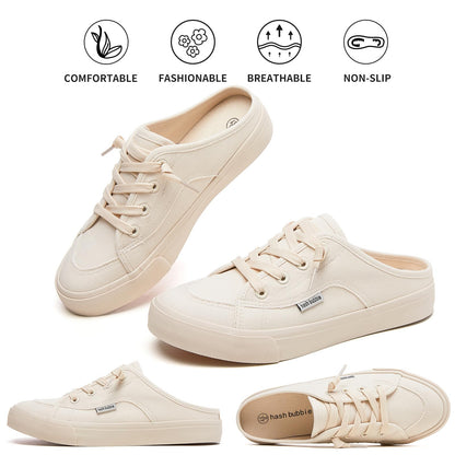 hash bubbie Women's Mules Comfortable Slip on Sneakers Tennis Shoes Summer Backless Canvas Shoes Close Toed Sandals（Beige, US7）
