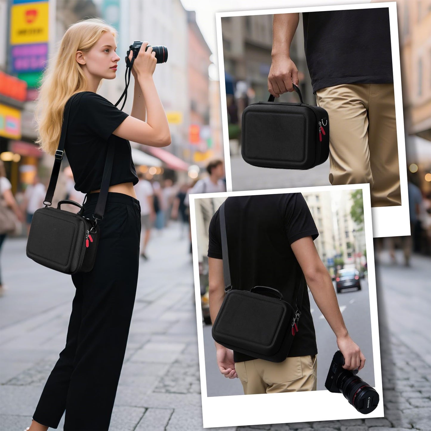 ProCase Hard Shell Digital Camera Case for Canon Rebel T7/EOS R100/R50/DSLR/SLR/Nikon/Sony/Mirrorless, Padded Travel Bag with 1 Shoulder Strap and 3 Adjustable Dividers Fathers Day Gift -Black