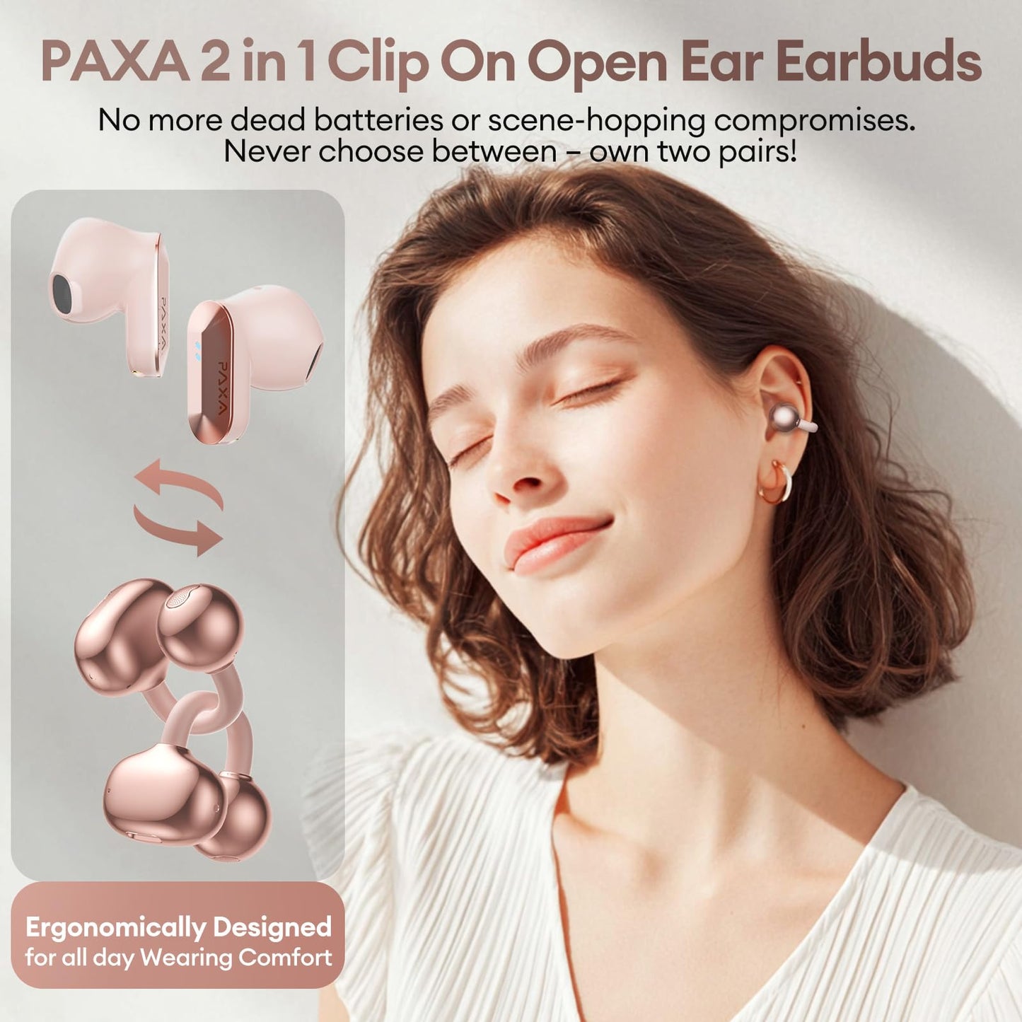 PAXA 2 in 1 Clip-on Earbuds Open Ear Headphones Bluetooth 6.0 Wireless Earbuds with in-Ear Earbuds, Ultra-long 140H Play, Auto L-R Recognition Touch Control for Work Fitness Daily Use Ctbuds Rose Gold