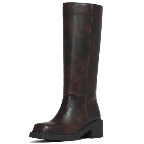 AMINUGAL Brown Boots for Women Knee High Wide Calf Square Toe Chunky Block Low Heel Tall Boots for Ladies Biker Motorcycle Riding Clubbing Corporate Rave Festival ComfyTrendy Y2k Vintage