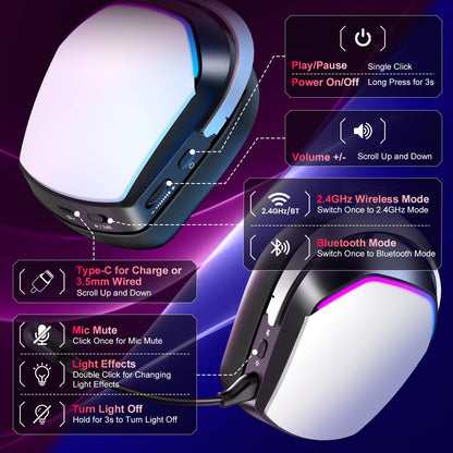 WiseWing Wireless Gaming Headset for PS5 PS4 PC Mac Switch, RGB Headphones with 7.1 Surround Sound, Bluetooth 5.4, 60H Battery, Noise Canceling Mic & 50mm Drivers