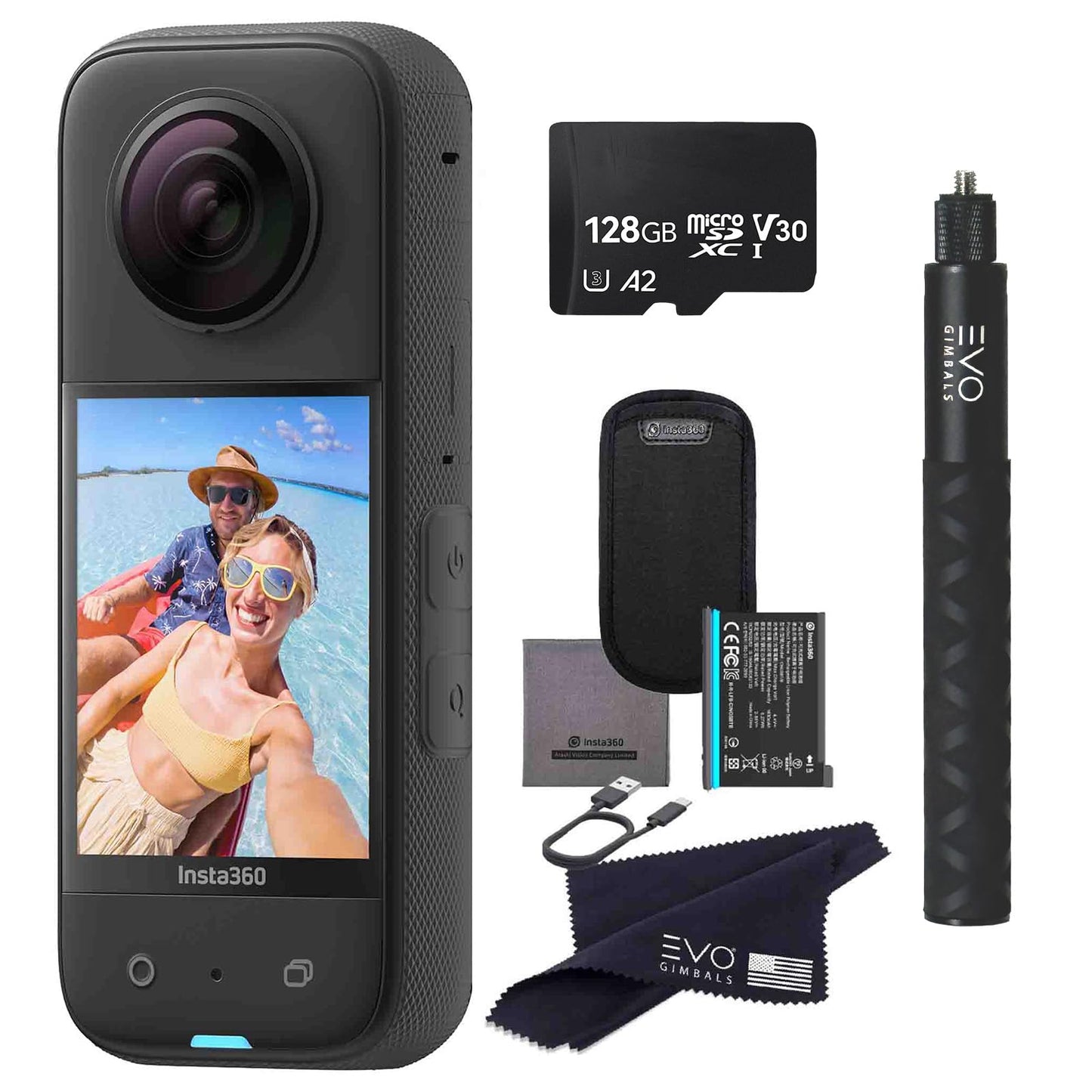 insta360 X3 - Waterproof 360 Action Camera with 1/2'' 48MP Sensors, 5.7K HDR Video, 72MP Photo, 4K Single-Lens, 60fps Me Mode, 2.29''Touchscreen, AI Editing |Bundle Includes Selfie Stick&128GB, Black