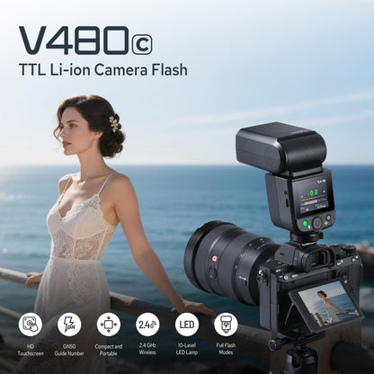 Godox V480-C V480 Flash for Canon, Touchscreen Speedlite, GN50 High Output, USB-C Charging, 1.7s Fast Recycle, 650 Full-Power Flashes, 2.4G Wireless 1/8000s HSS GODOX V480C V480 C TTL Flash Speedlight