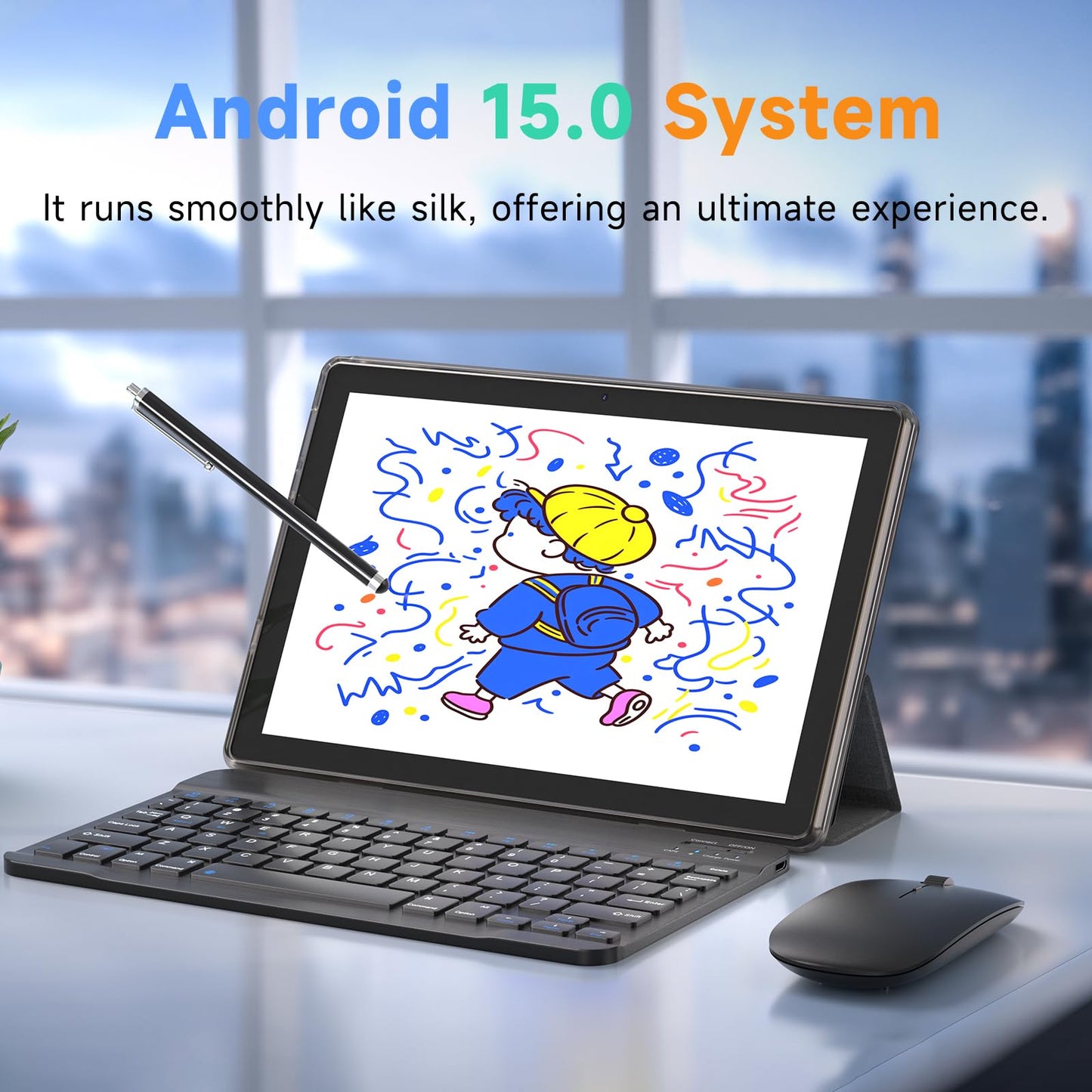IWEGGO Android 15 Tablet, 10 Inch 18GB RAM+128GB ROM/ 2TB Expandable Tablet, 2.0GHz Quad-core Processor, 1280*800 HD Touch Screen, 5G WiFi6 BT 5.0, 2 in 1 Tablets with Keyboard Case Mouse Stylus Black