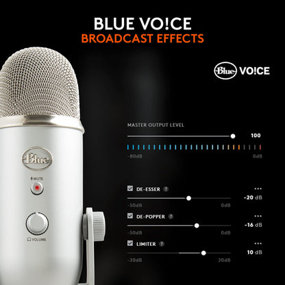 Logitech Creators Blue Yeti USB Microphone for PC, Mac, Gaming, Recording, Streaming, Podcasting, Studio and Computer Condenser Mic with Blue VO!CE Effects, 4 Pickup Patterns, Plug and Play - Silver