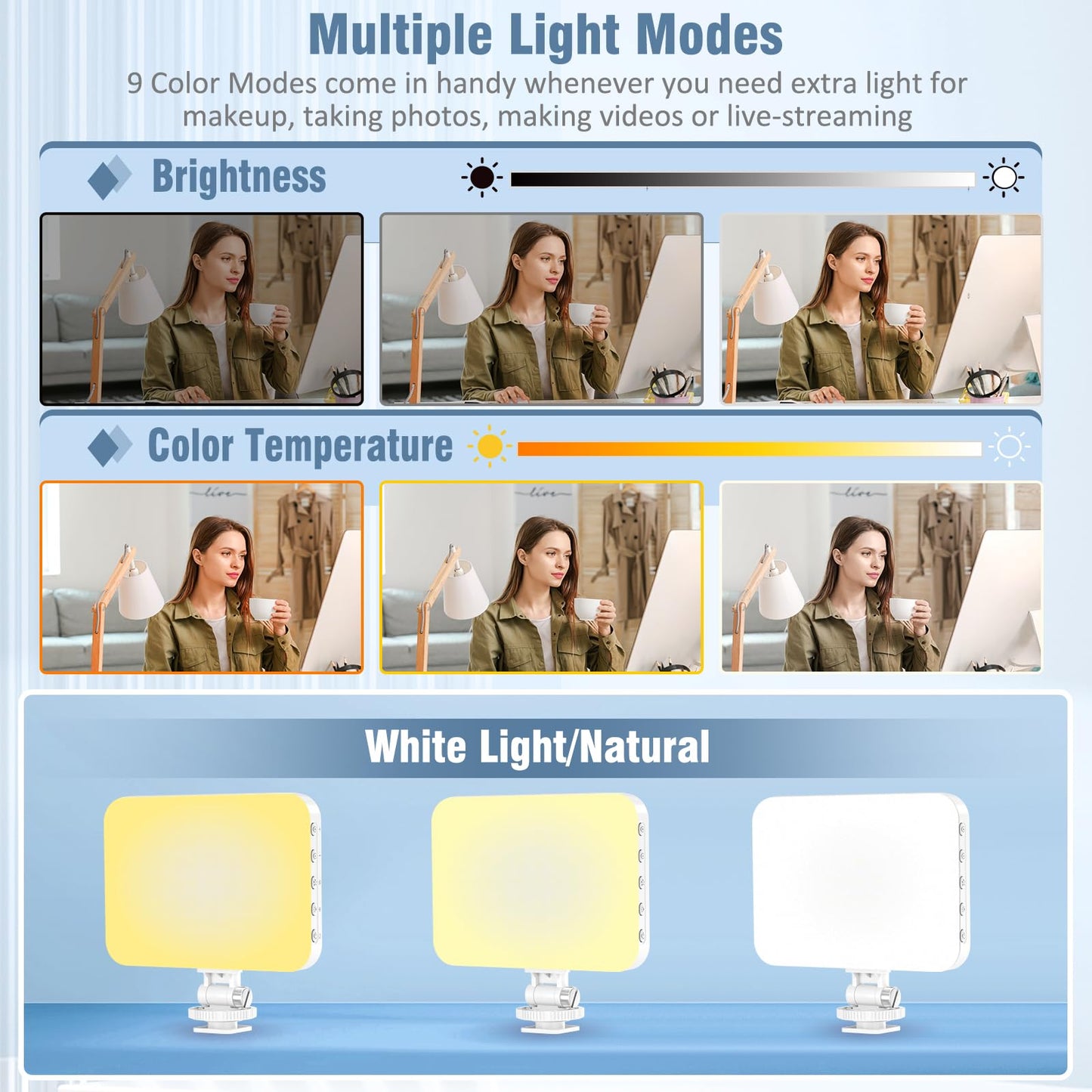 ALTSON 60 LED Portable Selfie Light Video Conference Lighting with Clip & Camera Tripod Adapter Rechargeable 2200mAh CRI 97+, 9 Light Modes for Phone iPhone Webcam Laptop Photo Makeup