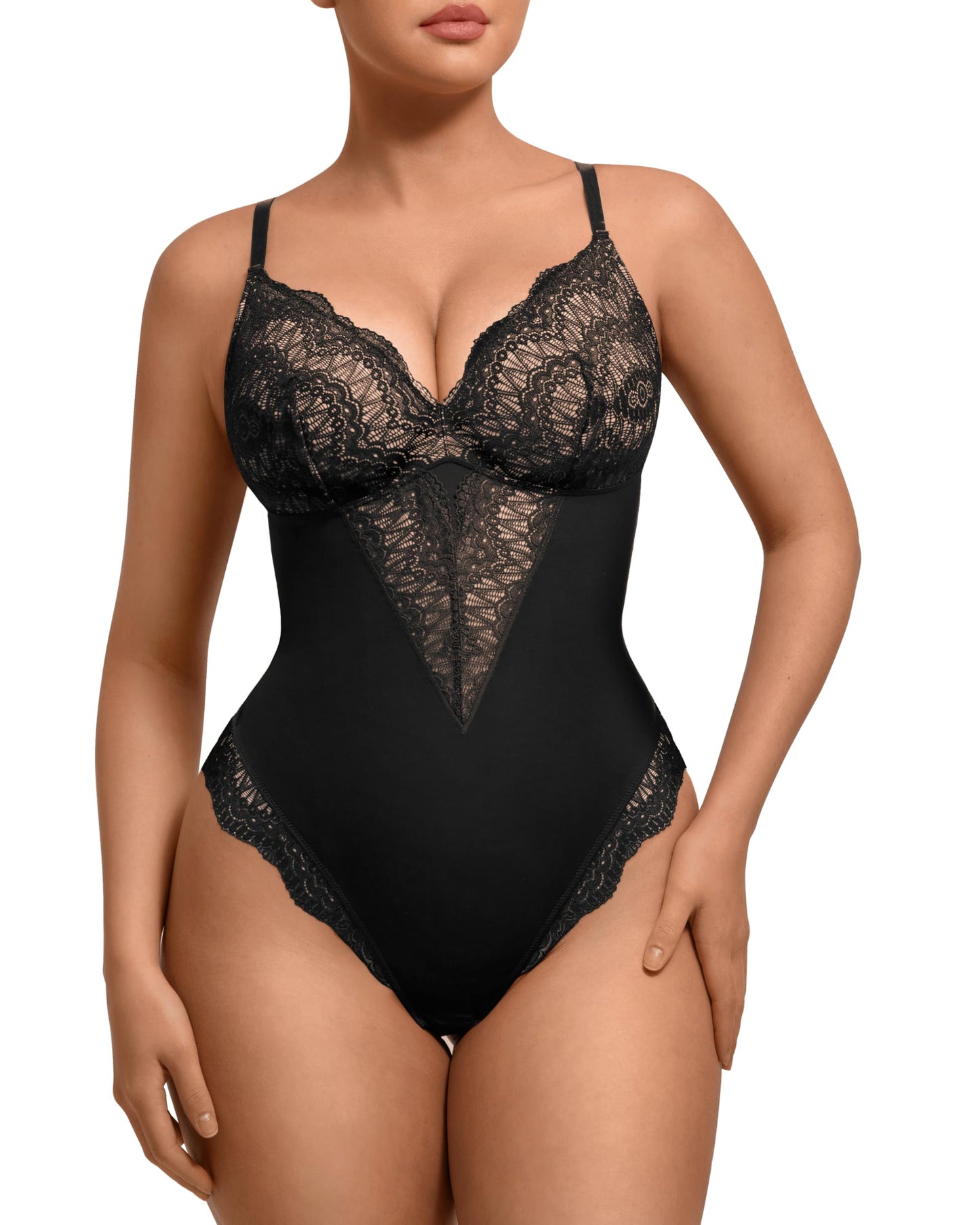 FeelinGirl Body Moldeador de Encaje para Mujer (Negro / Cuello en V)