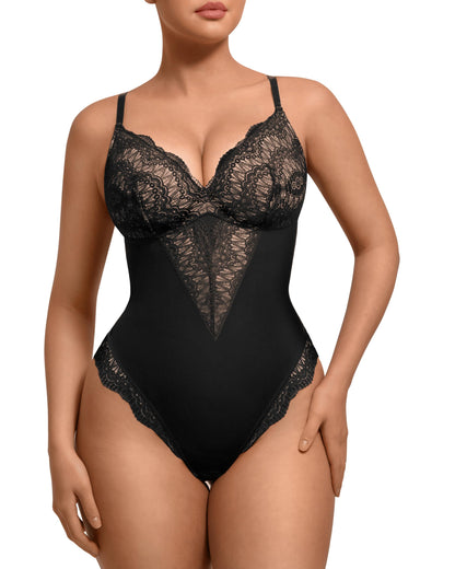 FeelinGirl Body Moldeador de Encaje para Mujer (Negro / Cuello en V)