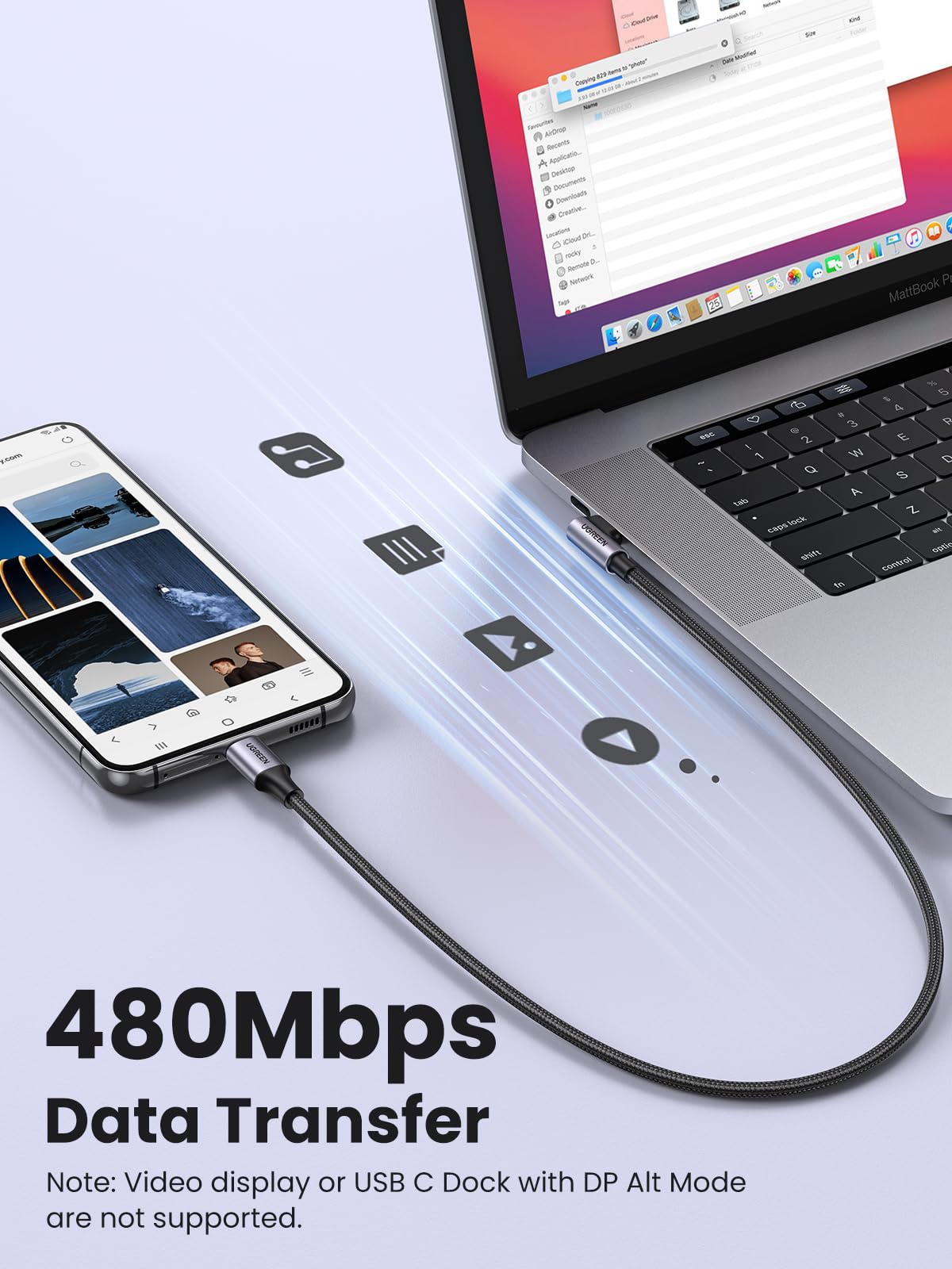 UGREEN Cable USB C en Ángulo Recto de 60W (3.3 pies)