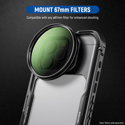 NEEWER 16 Pro Max Cage, Quick Release Video Rig Phone Stabilizer Compatible with iPhone 16 Pro Max with 67mm Filter Adapter, 17mm Lens Backplate, T Mount Lens Adapter Compatible with Moment, PA074