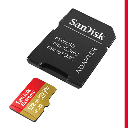 SANDISK 128GB Extreme microSDXC UHS-I Memory Card with Adapter - C10, U3, V30, 4K, 5K, A2, Micro SD Card - SDSQXAA-128G-GN6MA