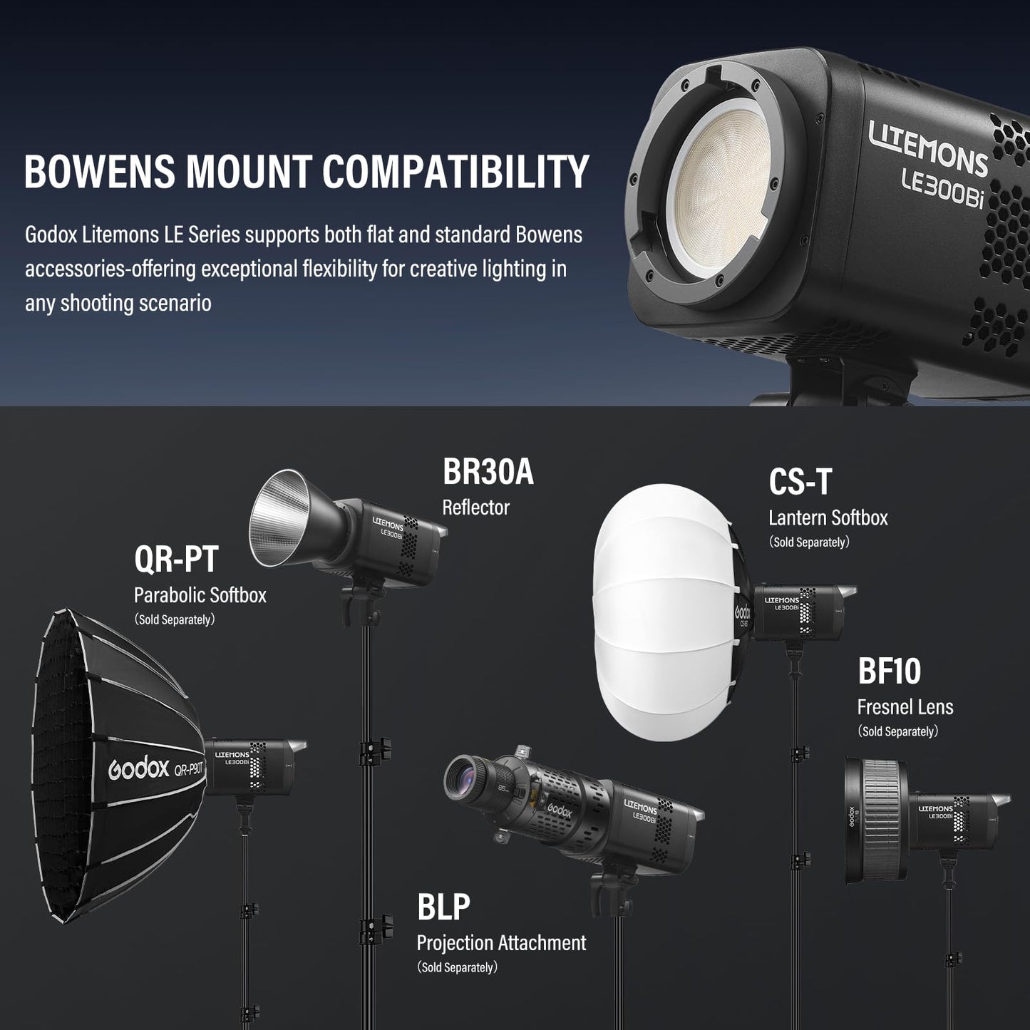 Godox Litemons LE300Bi COB Led Video Light, Godox Bowens Mount 315W Bi-Color Continuous Output Light with DMX/Bluetooth APP Control, NFC Connection, 2800K~6500K, 58900Lux@1m, CRI/TLCI98, 11 Fx Effects
