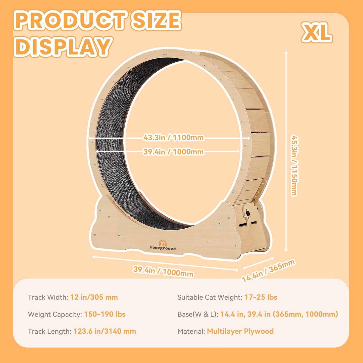 Homegroove Rueda de Ejercicio para Gatos XL (46" / Madera Natural)