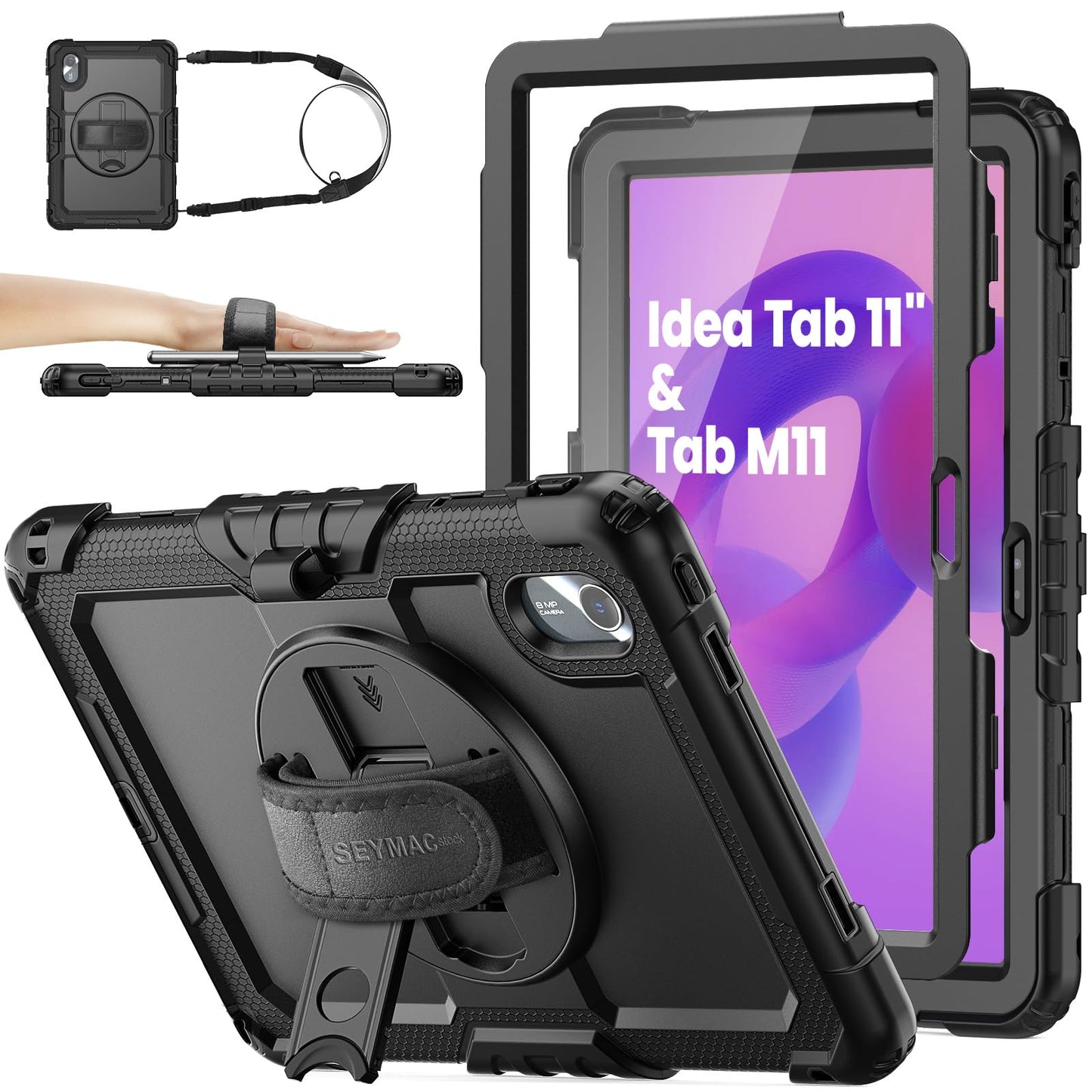 SEYMAC stock Tablet Case for Lenovo Idea Tab 11'' / M11 (TB336FU/TB330FU) 11 inch Drop-Proof Protection Cover with 360° Rotate Stand & Strap [Pen Holder] & Screen Protector 2025/2024, Black
