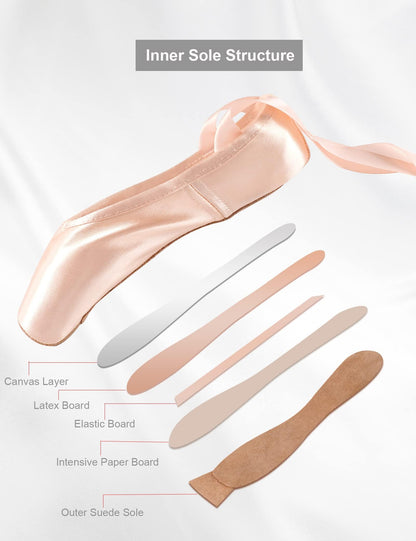 Daydance Girls Ballet Pointe Shoes Women Ballerina Shoes with Suede Sole Including Ribbon Band, Elastic Band, Toe Pad