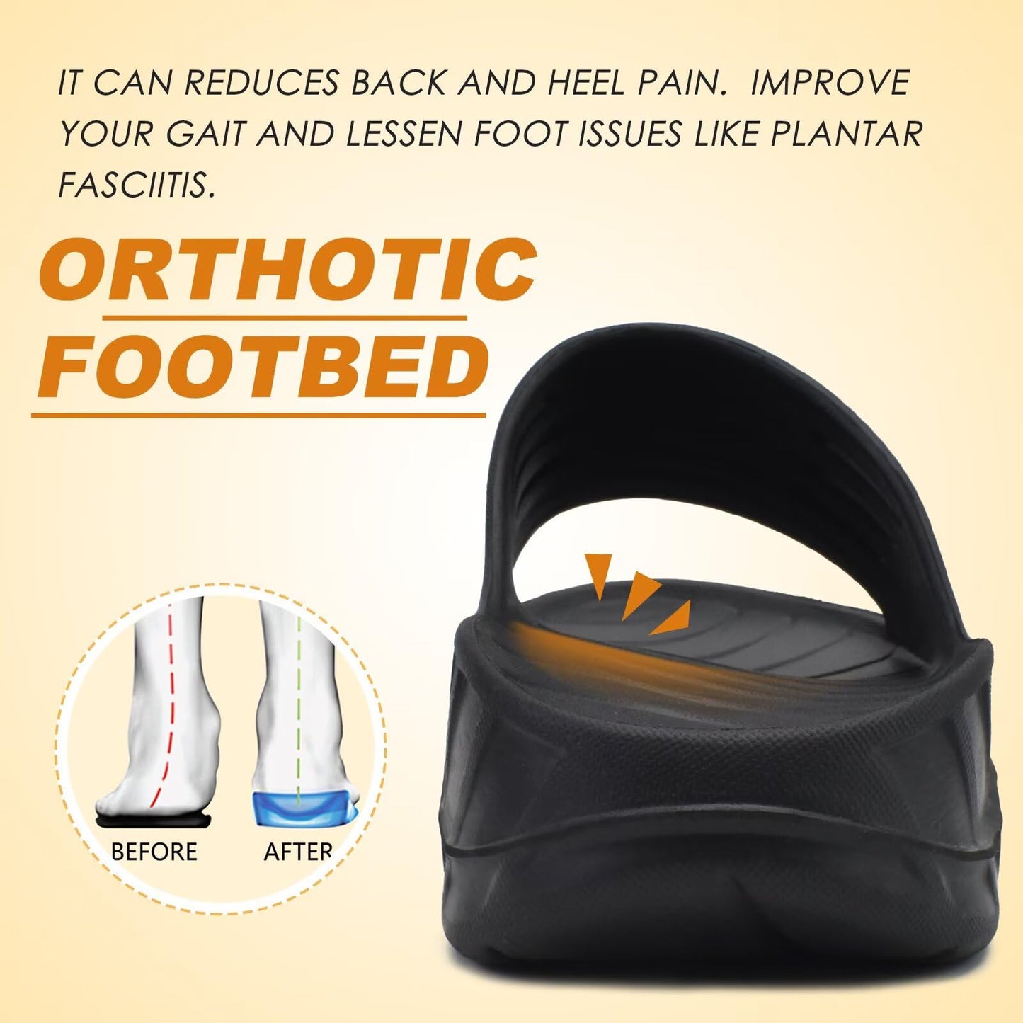 KuaiLu Mens Recovery Sandals Orthotic Arch Support Open Toe Sport Slides Thick Cushion Orthopedic Plantar Fasciitis Slip On Wide Width Summer Pool Beach Waterproof Walking Slippers Black