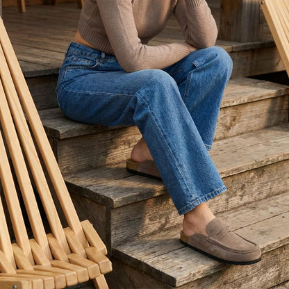 CUSHIONAIRE Fondu Genuine Leather Mule Clogs for Women, Comfortable Slip On Womens Shoes with Penny Strap Accent and Memory Foam Footbed, Taupe