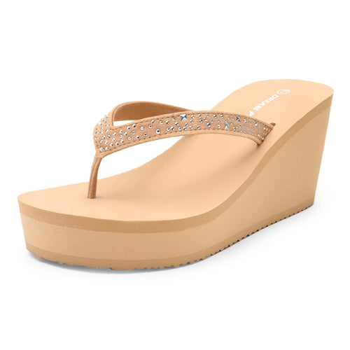 DREAM PAIRS Women's Platform Flip Flop Rhinestones Arch Support Comfortable Soft Cushion Wedge Flip Flops Summer Thong Sandals, Nude, SDFF2222W
