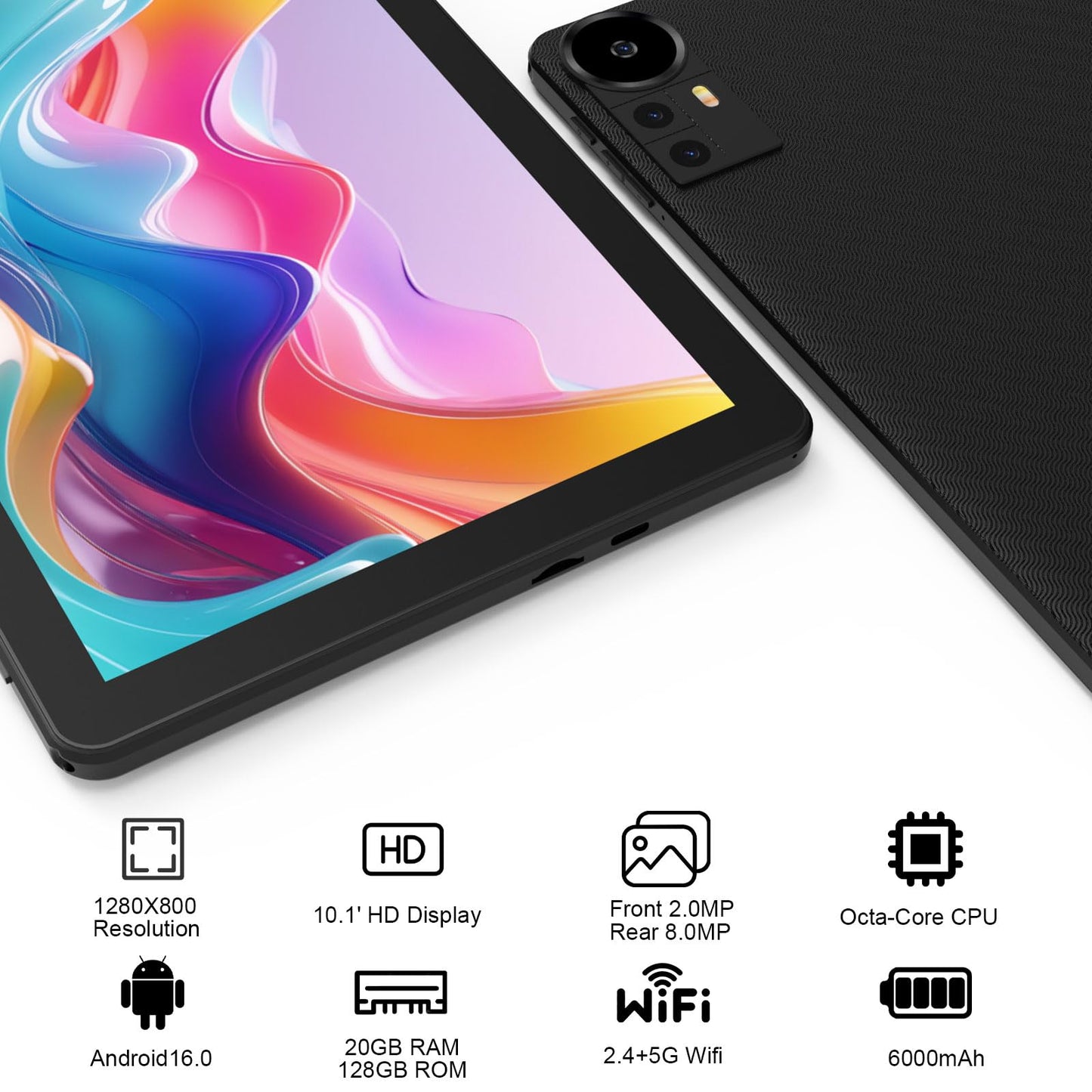 CUPEISI Android 16 Tablet 10 Inch, 20GB RAM+128GB ROM/2TB Expandable, 2.0GHz Octa-core Processor, 1280*800 HD Screen, 5G WiFi6 BT 5.0, 2 in 1 Tablets with Keyboard Case Mouse Stylus, Widevine L1 Black