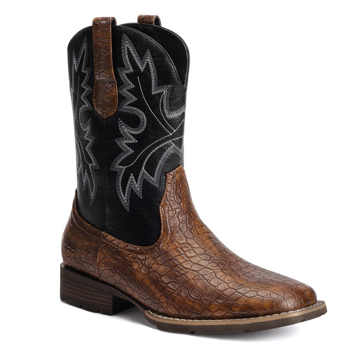 Lumeheel Cowboy Boots for Men - Western Square Toe Men's Dark Brown Boots with Classic Embroidered, Slip on Chunky Heel for Spring Fall