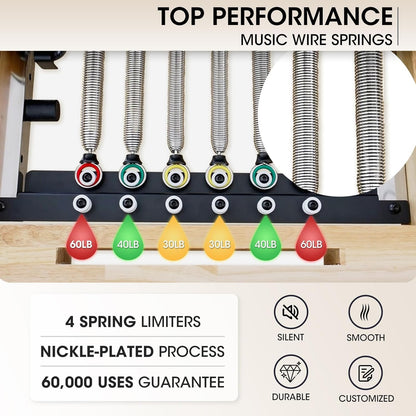 Pilates Reformer, PAETA Wooden Foldable Pilates Reformer Machine with Springs, Pilates Machines for Home Use and Studio, Pilates Equipment with Sitting Box, Jump Board and Accessories