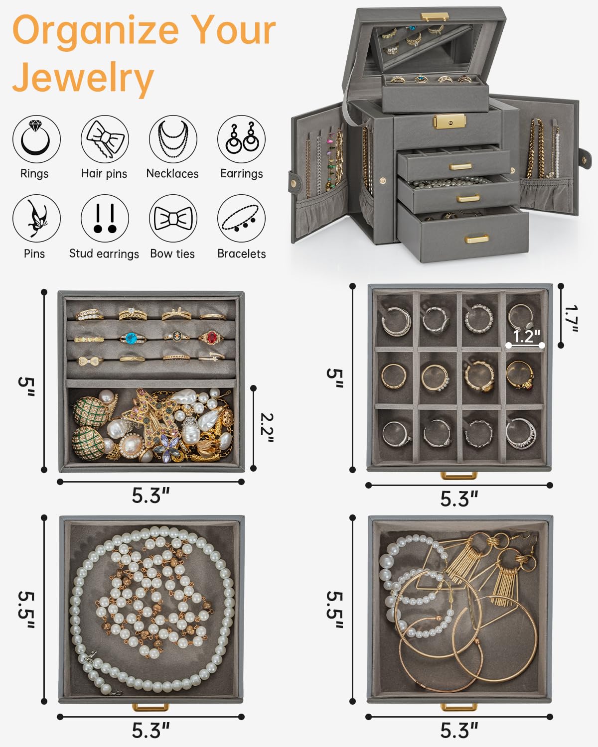 AKOZLIN Caja Organizadora de Joyas de Cuero de 4 Niveles (Gris Oscuro)