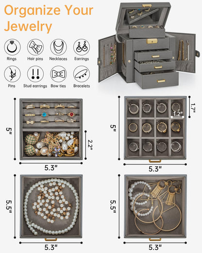 AKOZLIN Caja Organizadora de Joyas de Cuero de 4 Niveles (Gris Oscuro)
