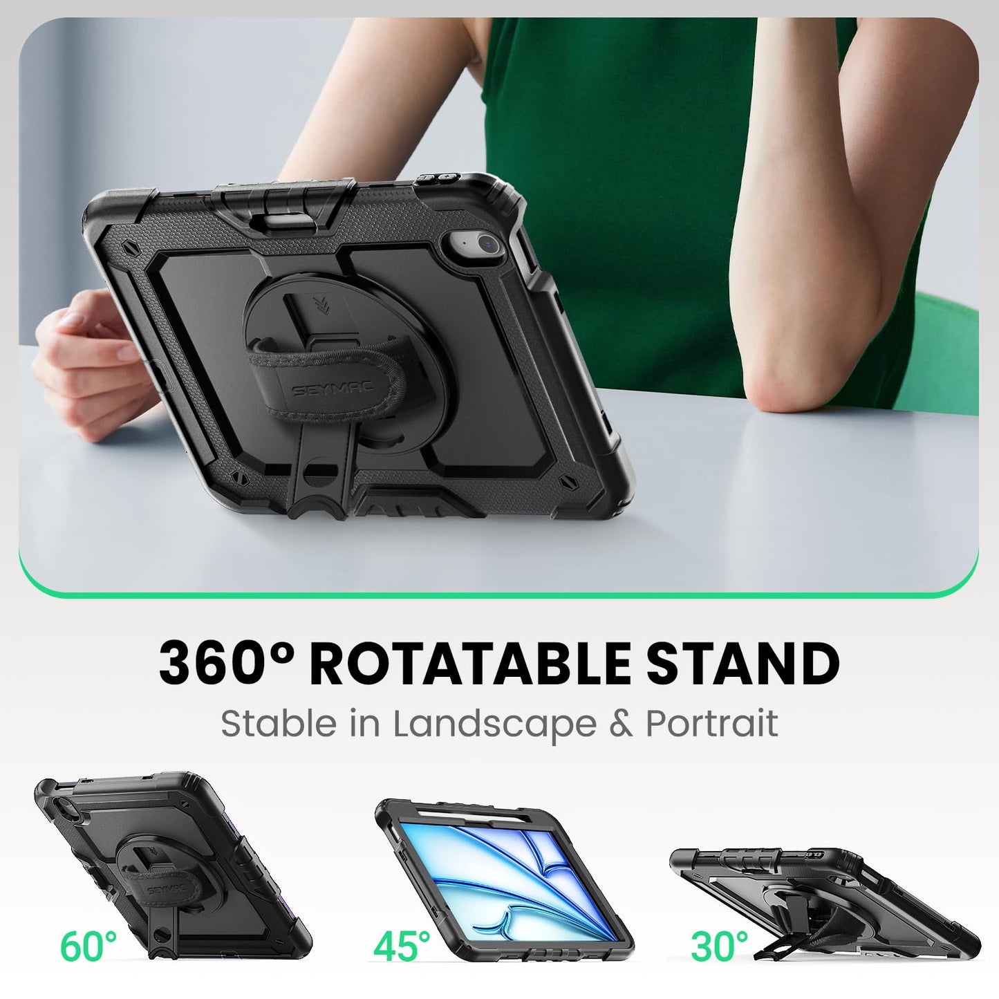 SEYMAC Case for iPad Air 11 Inch M4 / M3 / M2 (2026/2025 / 2024), Heavy Duty Shockproof Protective Case with Screen Protector, 360° Rotating Stand and Hand/Shoulder Strap, Black