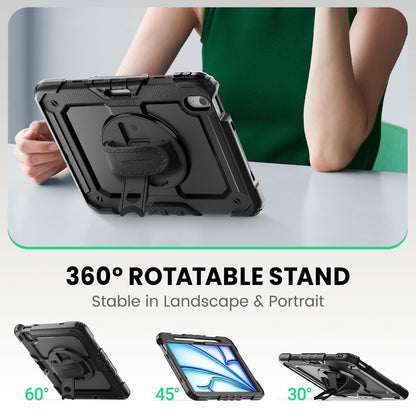 SEYMAC Case for iPad Air 11 Inch M4 / M3 / M2 (2026/2025 / 2024), Heavy Duty Shockproof Protective Case with Screen Protector, 360° Rotating Stand and Hand/Shoulder Strap, Black