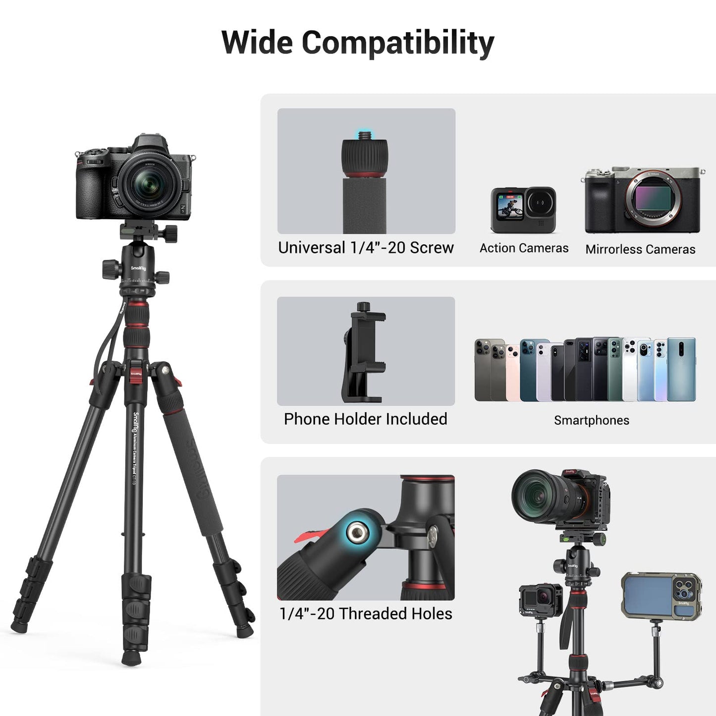 SmallRig Camera Tripod, 71" Foldable Aluminum Tripod/Monopod, 360°Ball Head Detachable, Payload 33lb, Adjustable Height from 16" to 71" for Camera, Phone