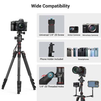 SmallRig Camera Tripod, 71" Foldable Aluminum Tripod/Monopod, 360°Ball Head Detachable, Payload 33lb, Adjustable Height from 16" to 71" for Camera, Phone