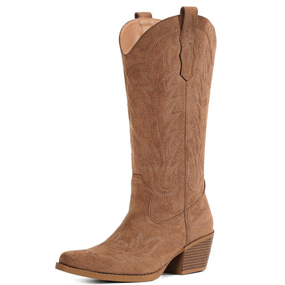 Fioralie Suede Cowboy Boots for Women Western Mid Calf Cowgirl Boots with Embroidered, Retro Snip Toe Fashion Boot With Chunky Block Heel Summer Fall Country Music Festival Cowboy Chic
