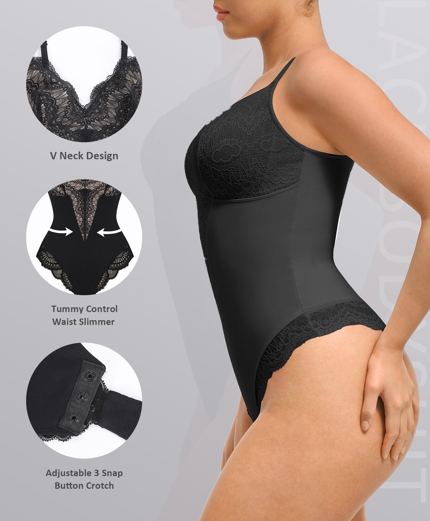 FeelinGirl Body Moldeador de Encaje para Mujer (Negro / Cuello en V)