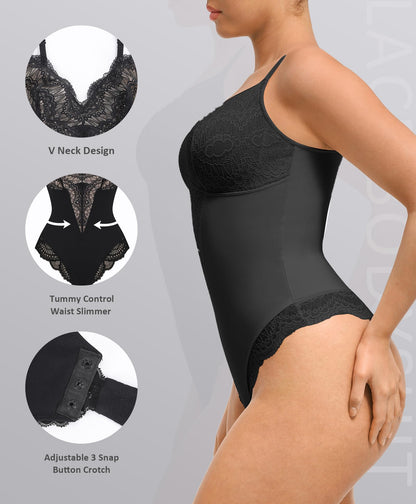 FeelinGirl Body Moldeador de Encaje para Mujer (Negro / Cuello en V)