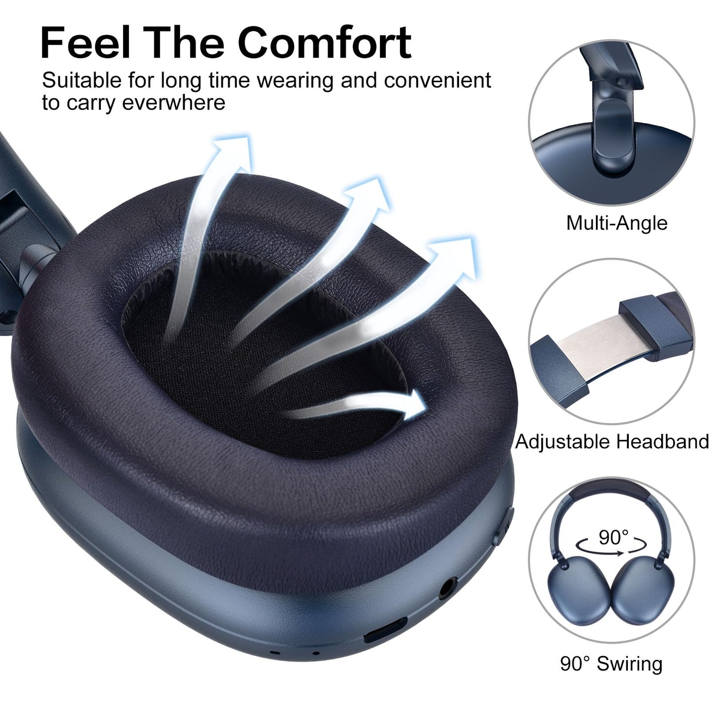 RORSOU C6 Active Noise Cancelling Headphones, Wireless Over Ear Bluetooth Headphones, 60H Playtime, Lightweight Folding Deep Bass Comfort Fit Ear Cups Headset with Mic for iPad/Travel/PC/Home Blue
