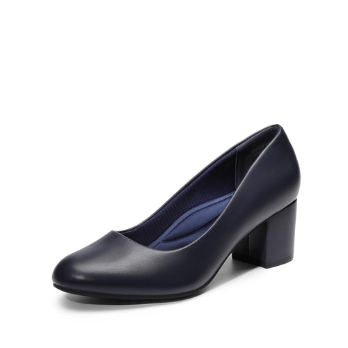 DREAM PAIRS Women's Pumps Low Chunky Block Heel Dress Shoes Closed Round Toe Comfortable Heels, Navy-Pu, SDPU2462W