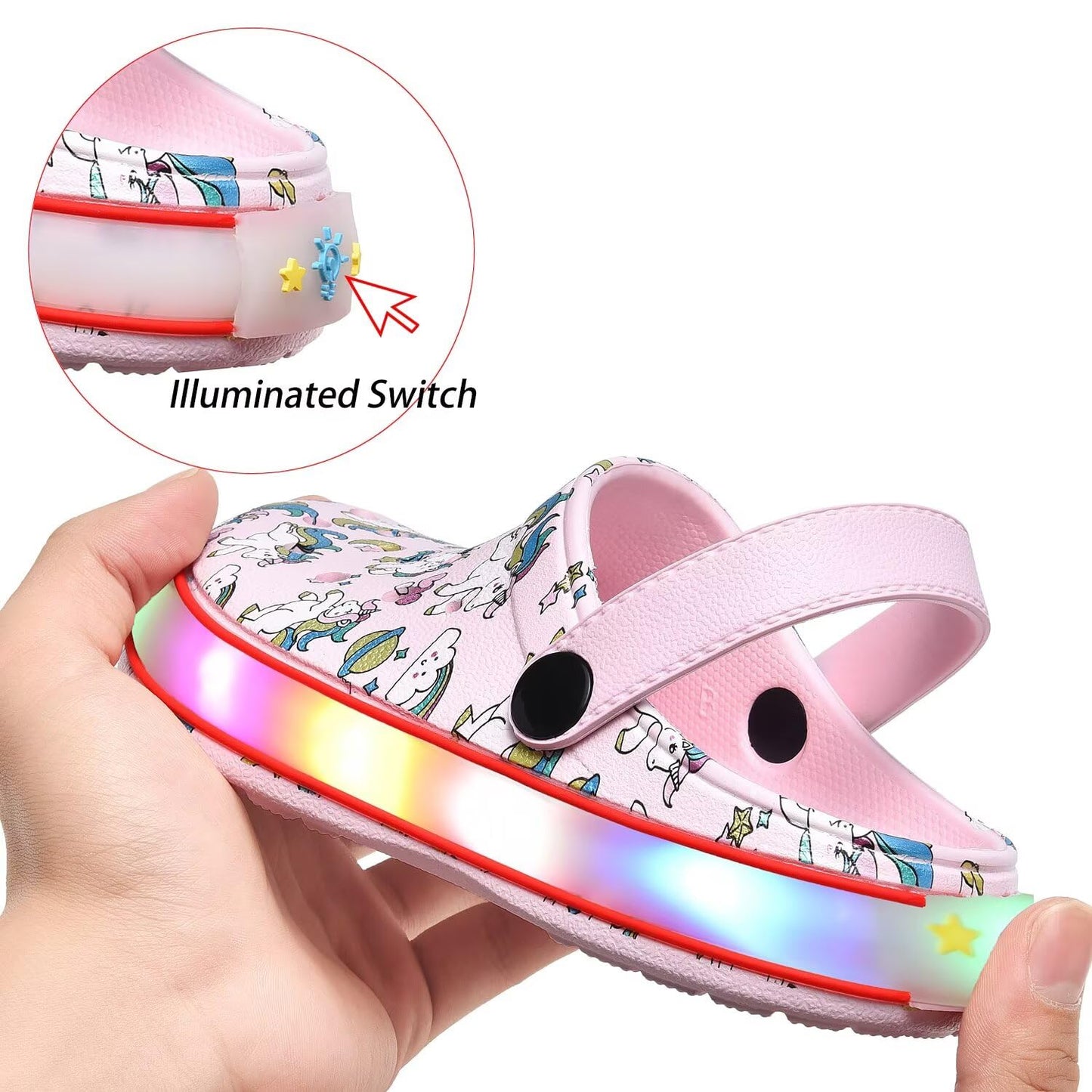 XPKWS Toddler Kids Clogs Boys Girls LED Garden Shoes Light up Sandals Slip on Quick Dry Beach Slippers (DJS-Pink