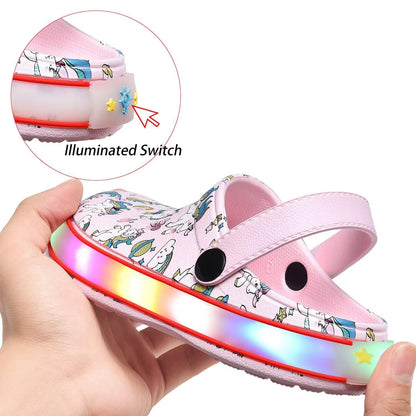 XPKWS Toddler Kids Clogs Boys Girls LED Garden Shoes Light up Sandals Slip on Quick Dry Beach Slippers (DJS-Pink