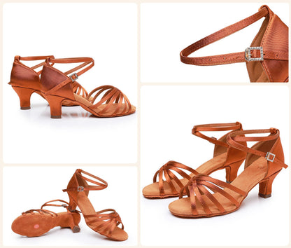 Rosefinch Women's Latin Dance Shoes Satin Professional Ballroom Salsa Practice Performance Wedding Dancing Shoes，Dance High Heels for Women Brown（2 inch Heel）