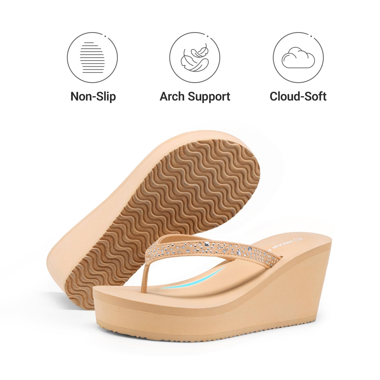DREAM PAIRS Women's Platform Flip Flop Rhinestones Arch Support Comfortable Soft Cushion Wedge Flip Flops Summer Thong Sandals, Nude, SDFF2222W