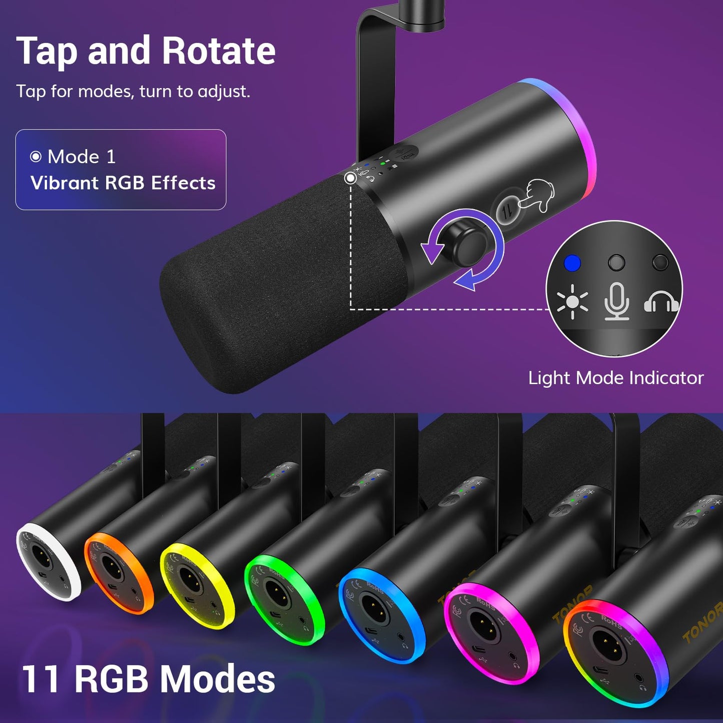 TONOR Dynamic Gaming Microphone, XLR/USB Mic Streaming, AI Noise Cancellation, Controlable RGB, Tap Mute, 3.5mm Headphone Jack, Volume Control, Microfono with Boom Arm, Black, TD510 AIR S H+