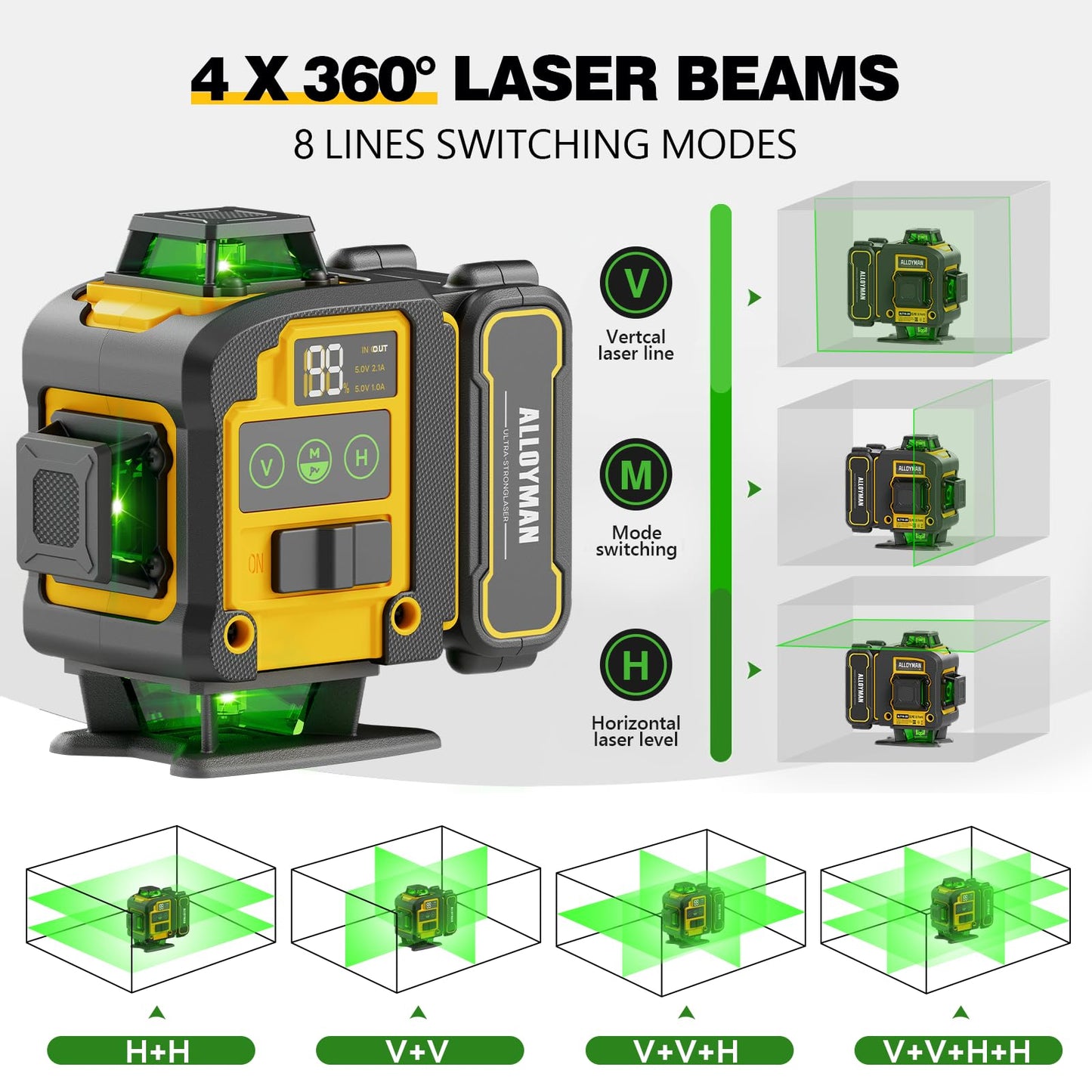 Alloyman Nivel Láser Autonivelante de 4x360° con Trípode (Línea Verde / 4D)