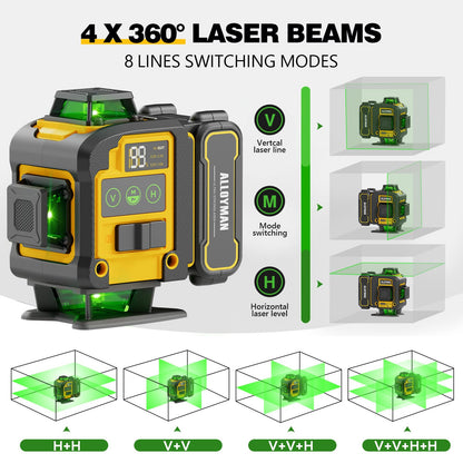 Alloyman Nivel Láser Autonivelante de 4x360° con Trípode (Línea Verde / 4D)