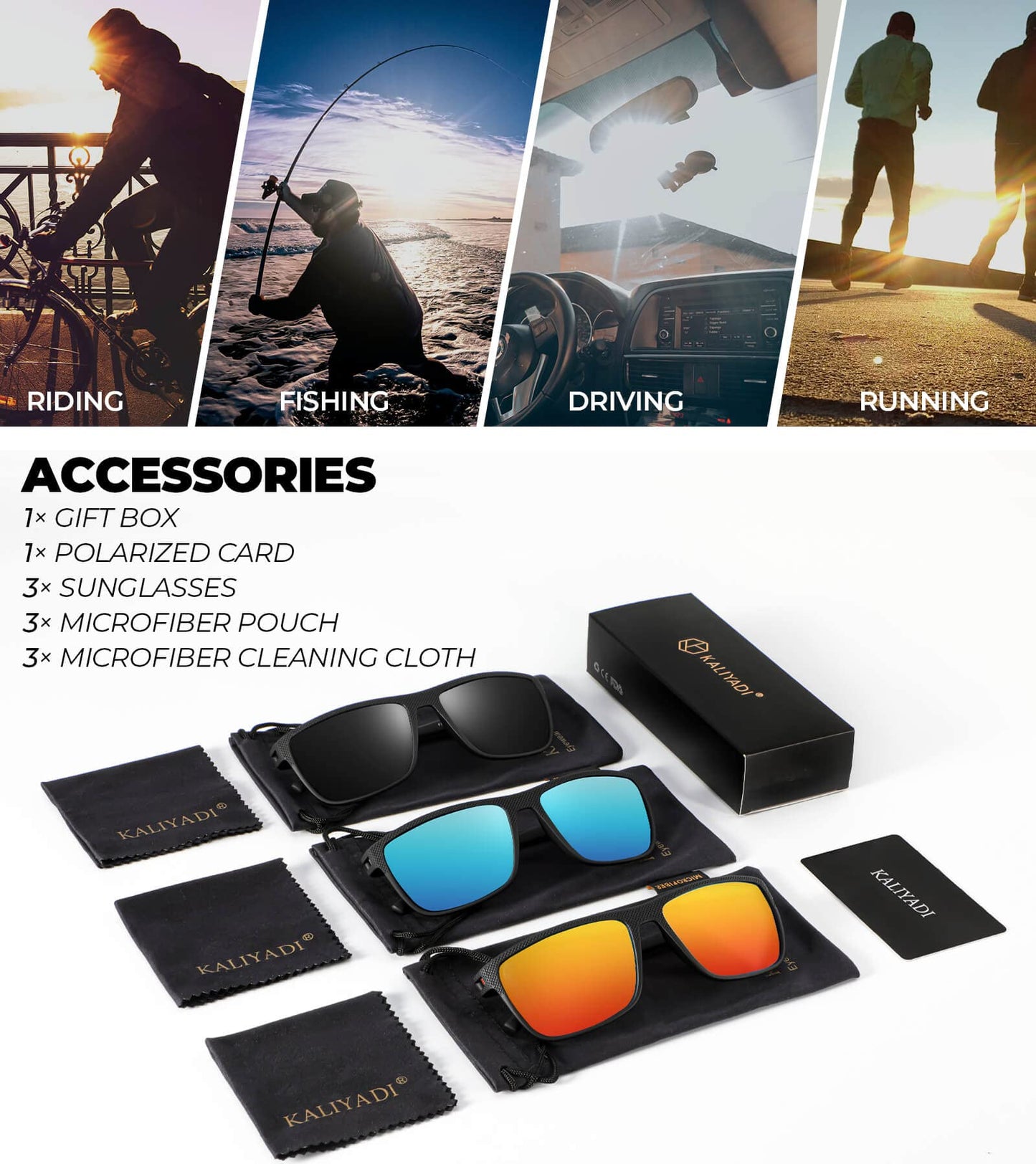 KALIYADI Lentes de Sol Polarizados para Hombre (Negro/Azul Hielo/Rojo)