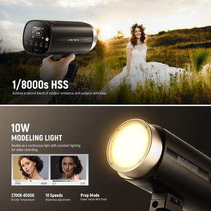 NEEWER Q200 200Ws 2.4G TTL Outdoor Studio Flash Strobe App Control, Compatible with Godox, 1/8000 HSS 3200mAh Battery Photography Monolight 10W Modeling Lamp/750 Full Power Flash/0.01~1.5s Recycle